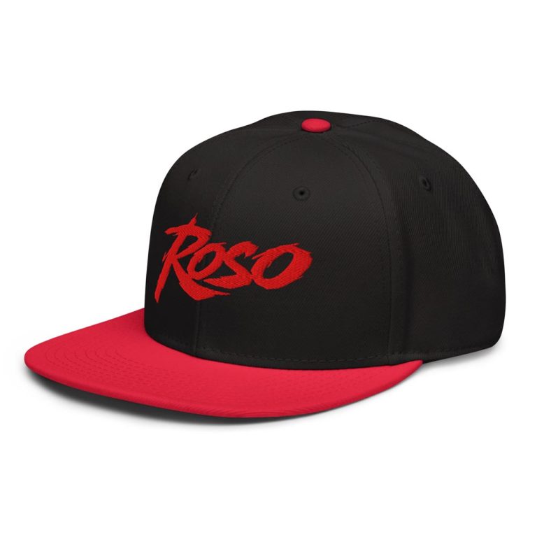 Black ROSO snapback with a red brim and a red embroidered wordmark