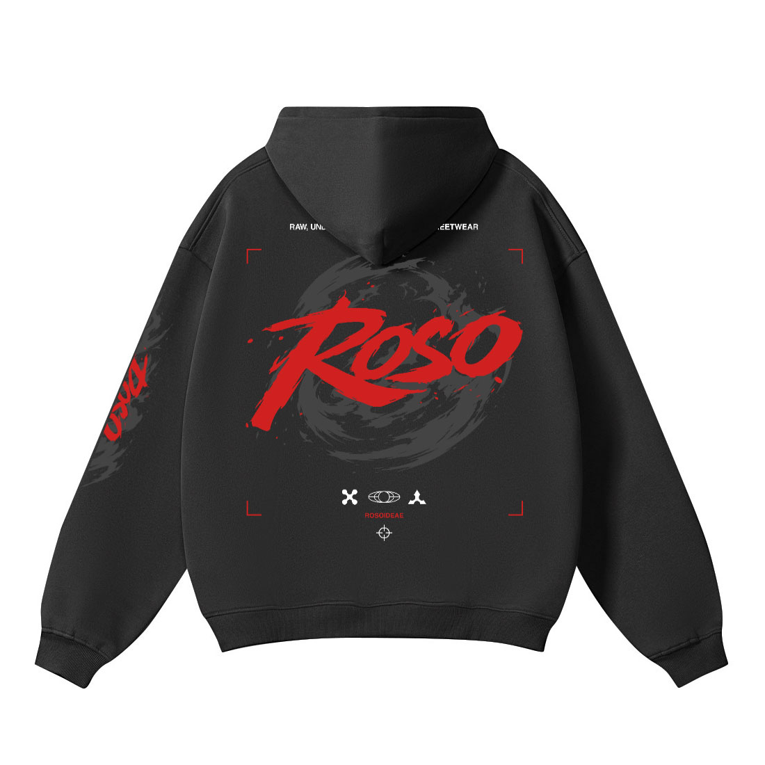 Back of the ROSO hoodie: the red brush wordmark across a grey rose graphic, inside crop marks