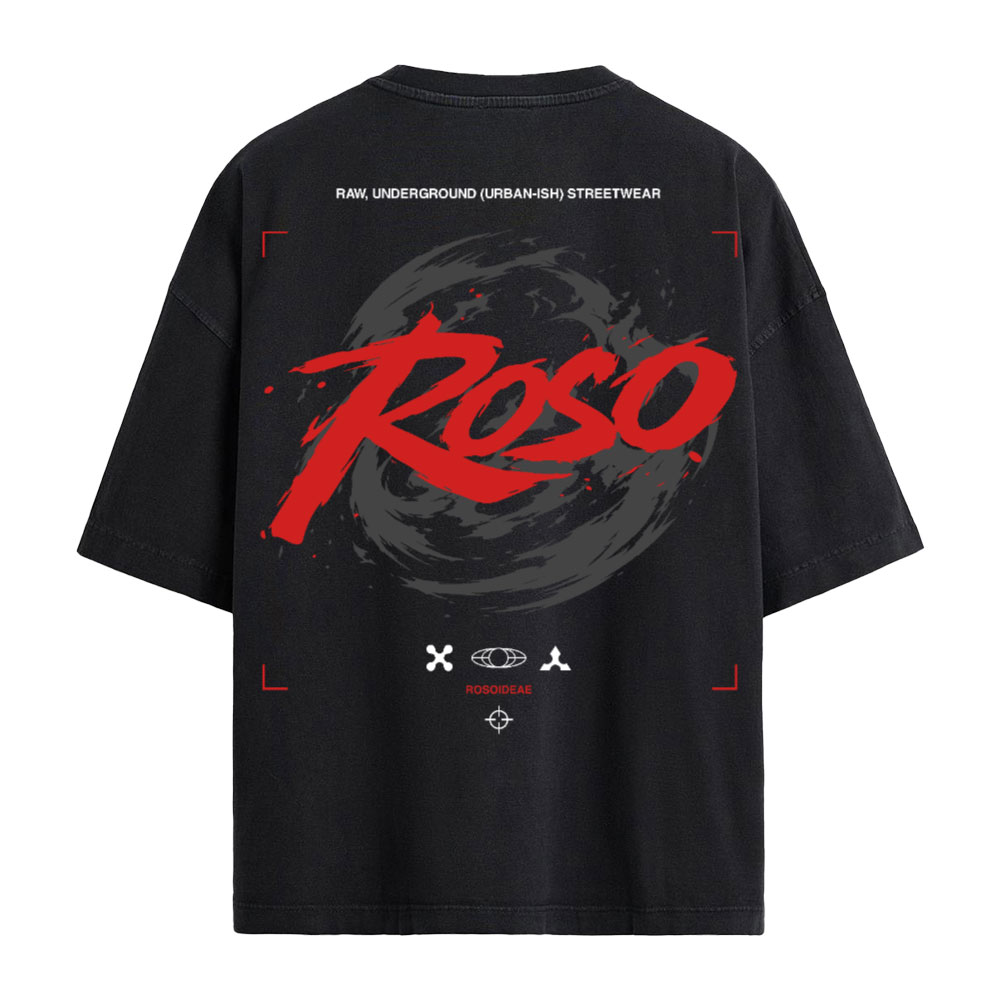 Back of the ROSO tee: the red brush wordmark across a grey rose graphic, inside crop marks